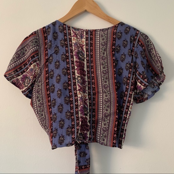 Boho Floral Mix Print Tie Wrap Front Crop Top - S - Picture 5 of 6